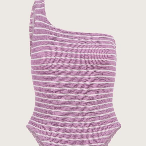 Hunza G Nancy One Shoulder Striped One Piece Crinkle Swimsuit One Size NWT - Picture 3 of 6